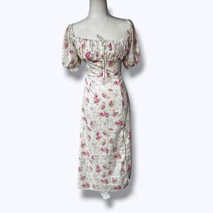 Cottagecore Floral Milkmaid Maxi Dress Puff Sleeve Square Neck Cream M Spring